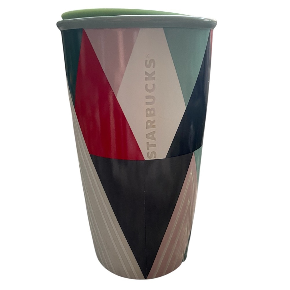 STARBUCKS Coffee Mug Cup Travel Tumbler Geometric Triangles Etched Letters